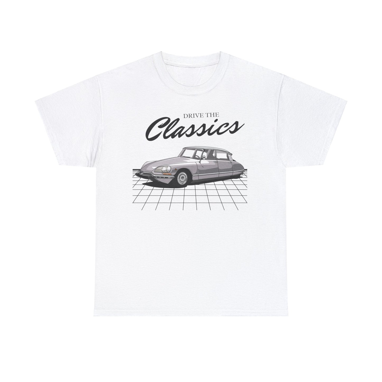 Citroën DS Classic T-Shirt – white cotton shirt featuring the Citroën DS (1955–1975) with distinctive design and innovative features, designed for French automotive enthusiasts