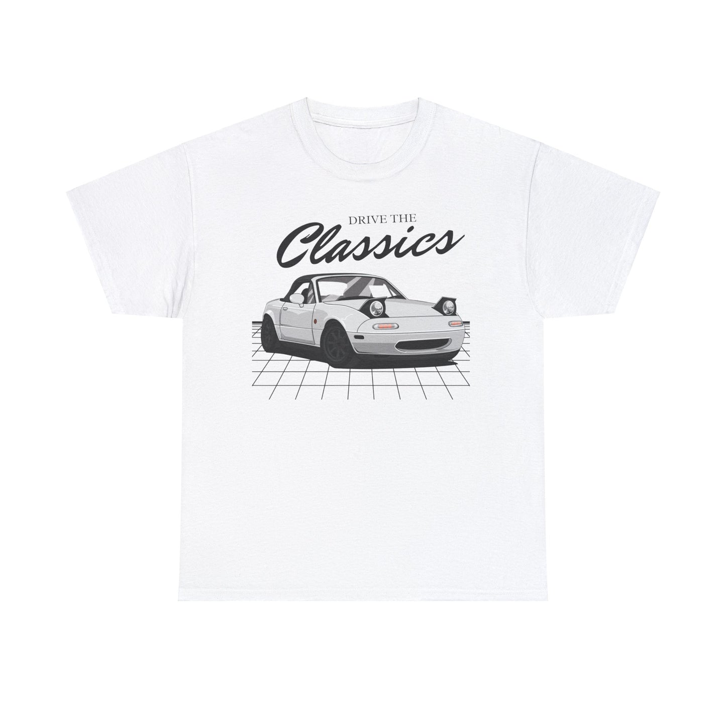 Mazda MX-5 NA Miata Classic T-Shirt – white cotton shirt featuring the Mazda MX-5 NA Miata (1989–1997) with pop-up headlights and sleek roadster design, designed for Japanese sports car enthusiasts