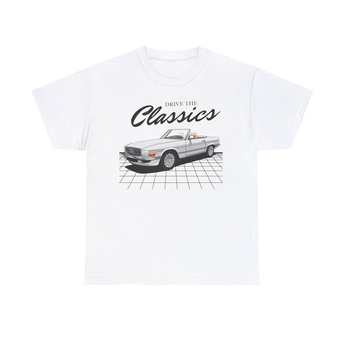 Mercedes-Benz 300SL R107 Classic T-Shirt – white cotton shirt featuring the Mercedes-Benz 300SL R107 (1985–1989) with distinctive design and performance features, designed for German automotive enthusiasts