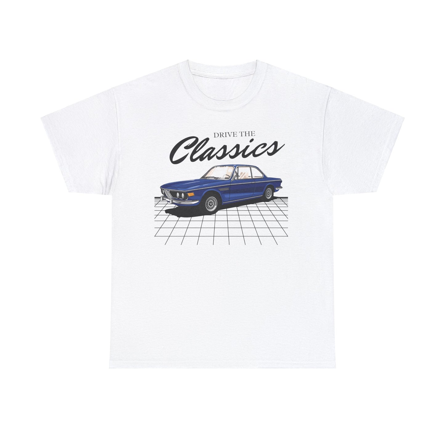 BMW E9 Classic T-Shirt – white cotton shirt featuring the BMW E9 (1968–1975) with distinctive design and performance features, designed for German automotive enthusiasts