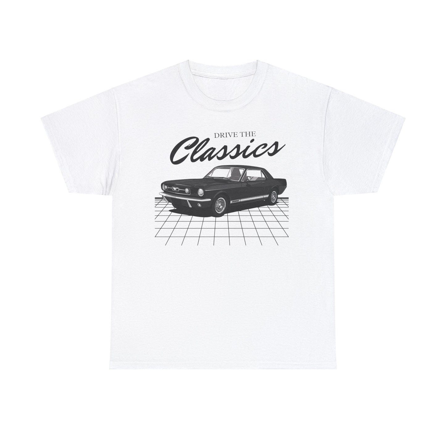 Ford Mustang Mk1 Classic T-Shirt – white cotton shirt featuring the Ford Mustang Mk1 (1964–1973) with distinctive design and performance features, designed for American muscle car enthusiasts