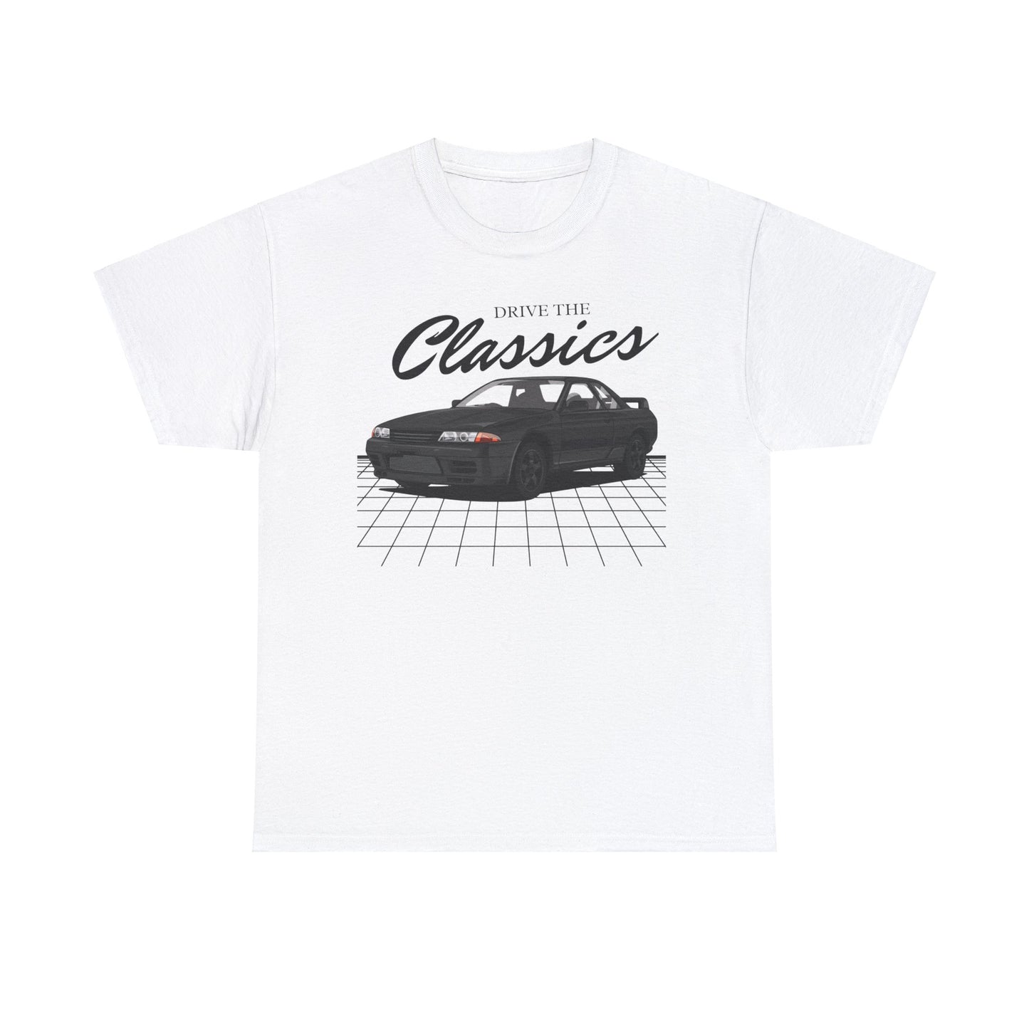 Nissan Skyline R32 Classic T-Shirt – white cotton shirt featuring Nissan Skyline GT-R R32 (1989–1994) with round tail lights and boxy aerodynamic body, designed for JDM and motorsport enthusiasts
