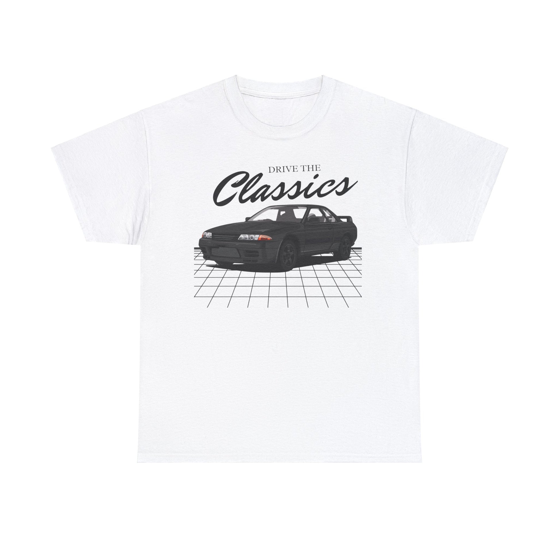 Nissan Skyline R32 Classic T-Shirt – white cotton shirt featuring Nissan Skyline GT-R R32 (1989–1994) with round tail lights and boxy aerodynamic body, designed for JDM and motorsport enthusiasts
