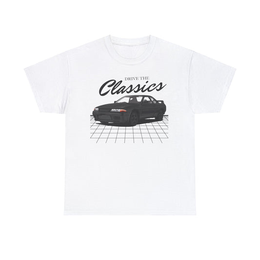Nissan Skyline R32 Classic T-Shirt – white cotton shirt featuring Nissan Skyline GT-R R32 (1989–1994) with round tail lights and boxy aerodynamic body, designed for JDM and motorsport enthusiasts
