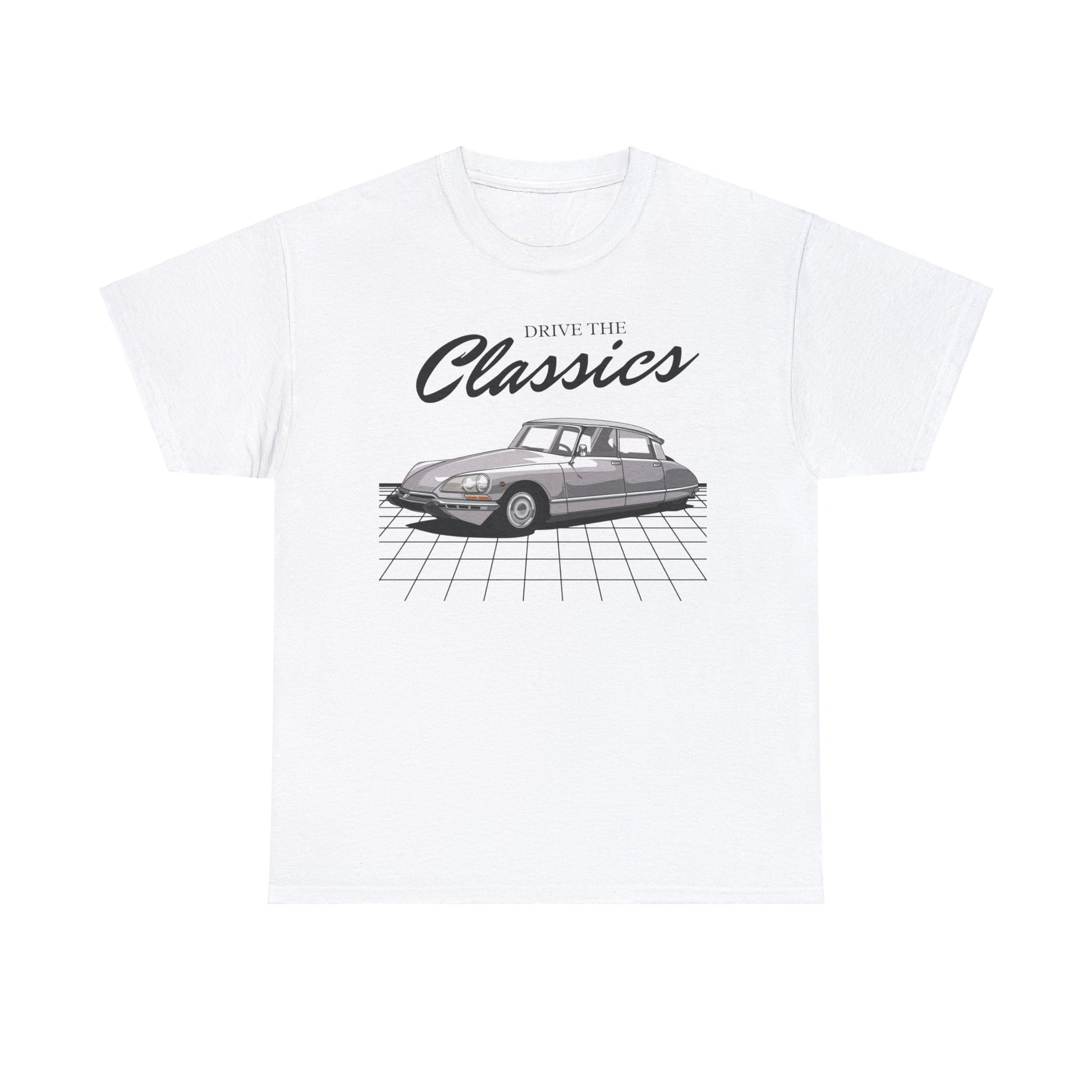 Citroën DS Classic T-Shirt – white cotton shirt featuring the Citroën DS (1955–1975) with distinctive design and innovative features, designed for French automotive enthusiasts
