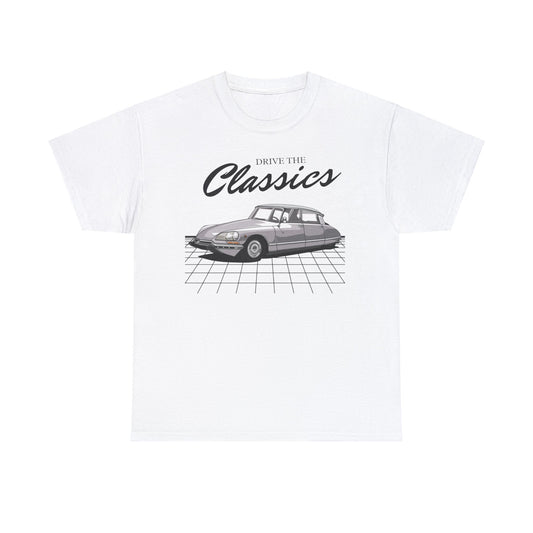 Citroën DS Classic T-Shirt – white cotton shirt featuring the Citroën DS (1955–1975) with distinctive design and innovative features, designed for French automotive enthusiasts
