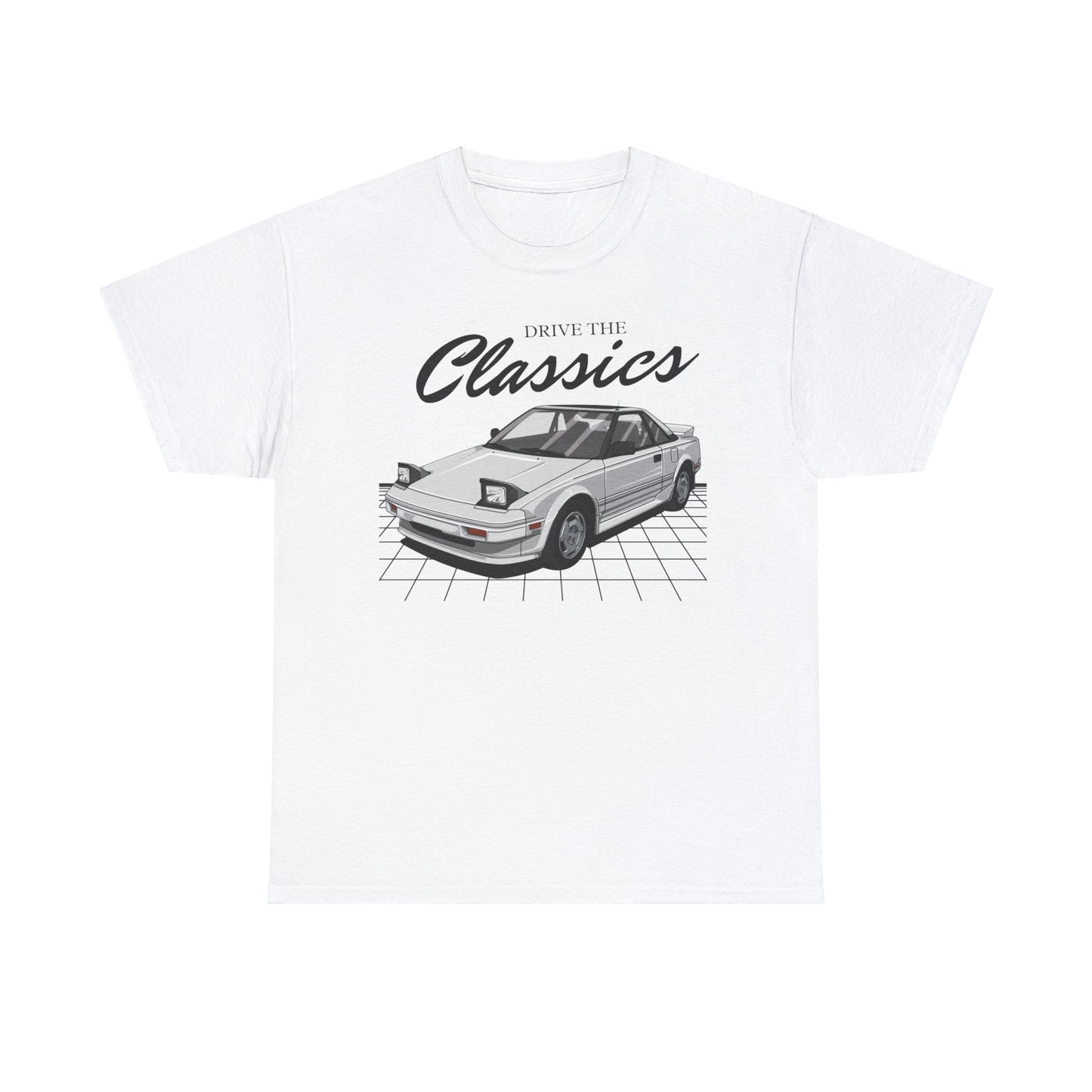 Toyota MR2 MK1 Classic T-Shirt – white cotton shirt featuring first-generation AW11 mid-engine coupe (1984–1989) with pop-up headlights, designed for vintage JDM car enthusiasts
