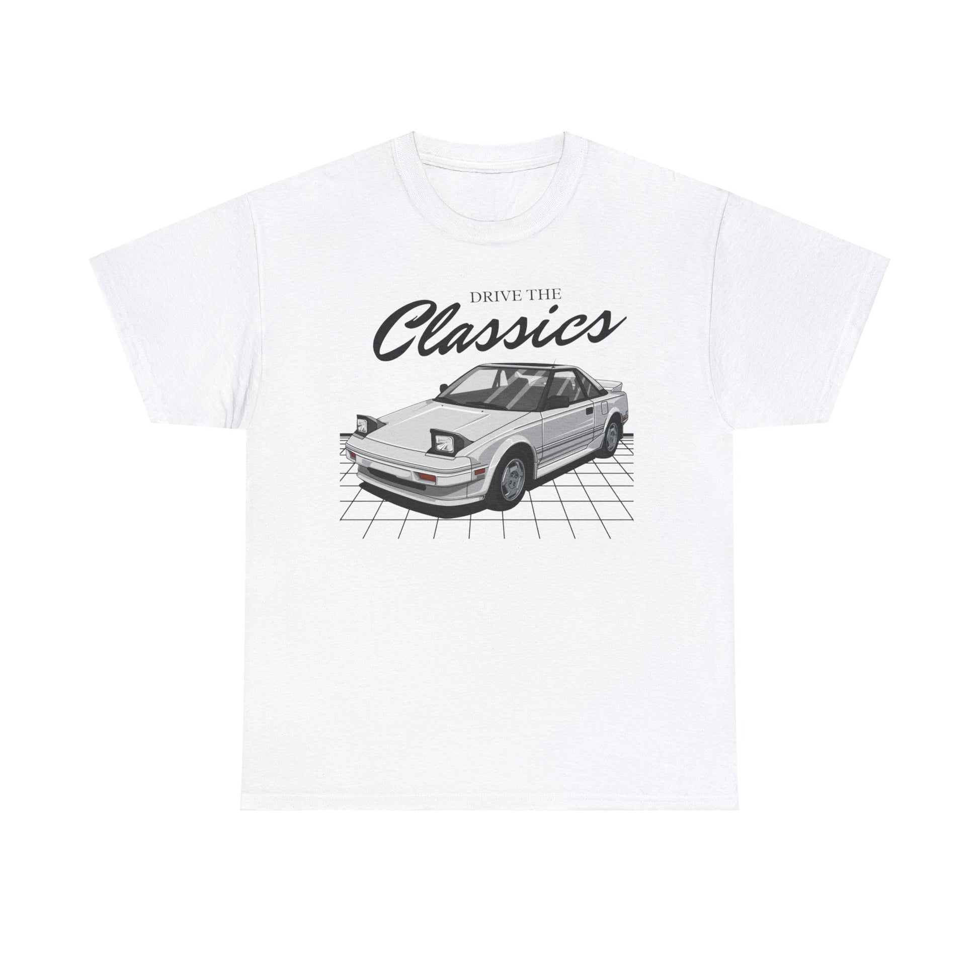 Toyota MR2 MK1 Classic T-Shirt – white cotton shirt featuring first-generation AW11 mid-engine coupe (1984–1989) with pop-up headlights, designed for vintage JDM car enthusiasts
