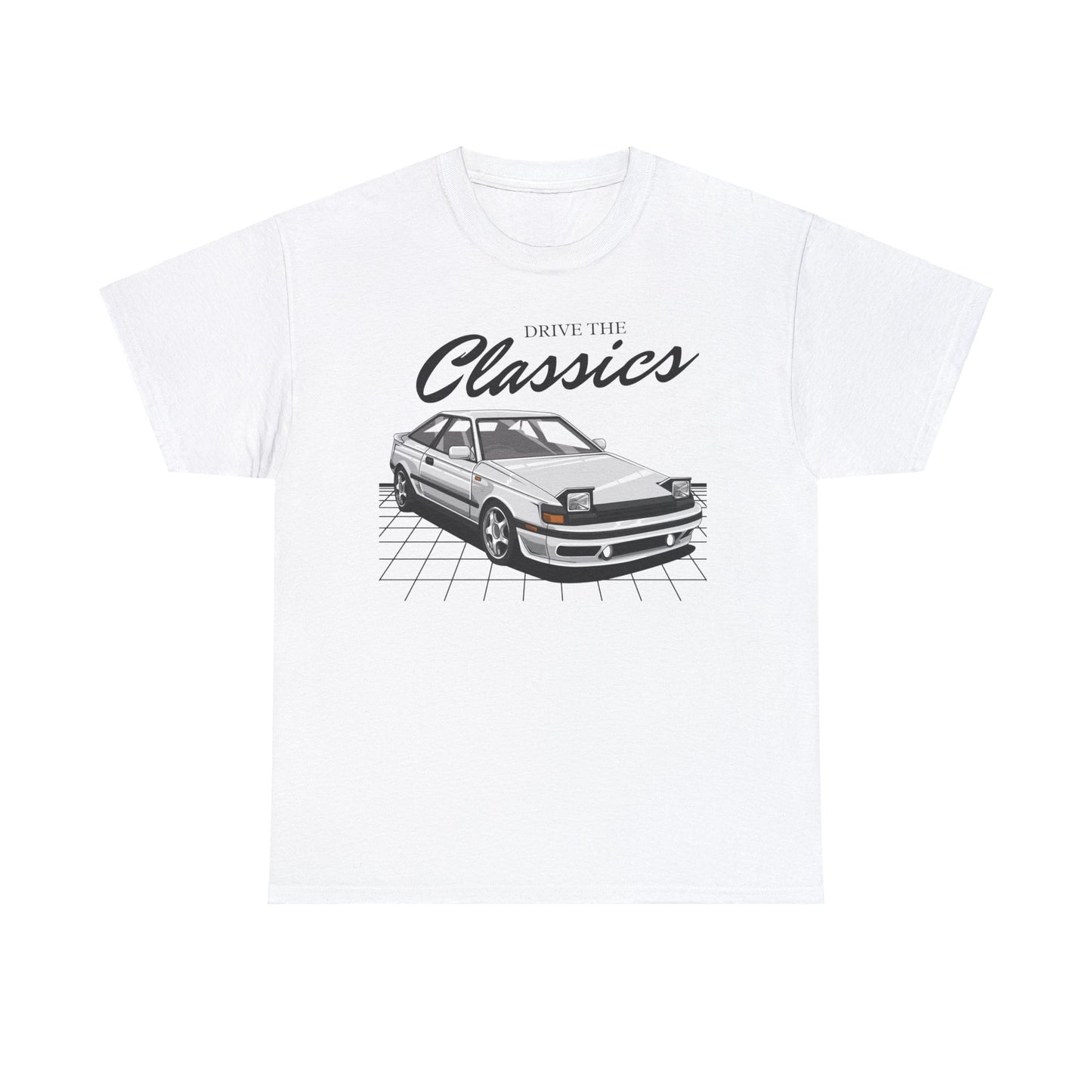 Toyota Celica MK4 Classic T-Shirt – white cotton shirt featuring fourth-generation T160 Celica (1985–1989) with aerodynamic liftback design and pop-up headlights, designed for vintage JDM car enthusiasts
