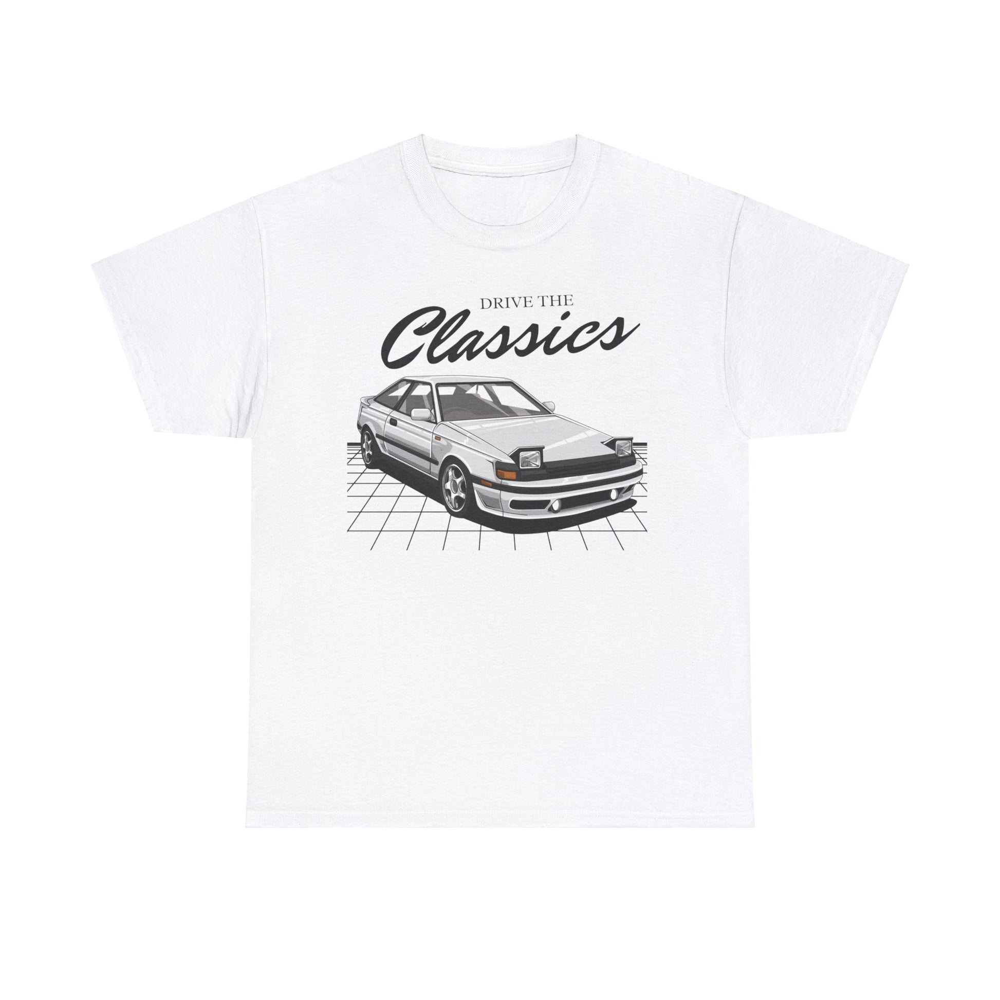 Toyota Celica MK4 Classic T-Shirt – white cotton shirt featuring fourth-generation T160 Celica (1985–1989) with aerodynamic liftback design and pop-up headlights, designed for vintage JDM car enthusiasts
