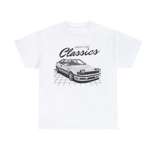 Toyota Celica MK4 Classic T-Shirt – white cotton shirt featuring fourth-generation T160 Celica (1985–1989) with aerodynamic liftback design and pop-up headlights, designed for vintage JDM car enthusiasts
