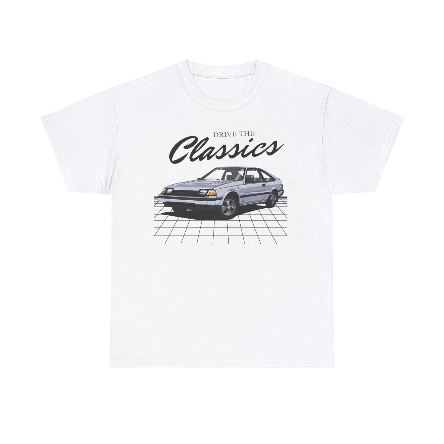 Toyota Celica MK3 Classic T-Shirt – white cotton shirt featuring third-generation A60 Celica (1981–1985) with pop-up headlights and angular design, designed for vintage JDM car enthusiasts
