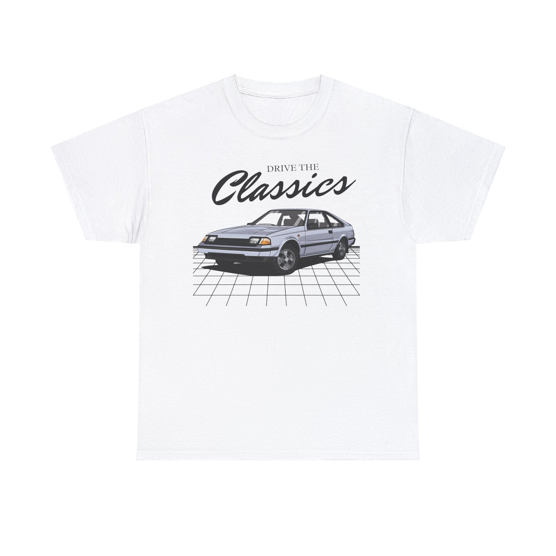 Toyota Celica MK3 Classic T-Shirt – white cotton shirt featuring third-generation A60 Celica (1981–1985) with pop-up headlights and angular design, designed for vintage JDM car enthusiasts
