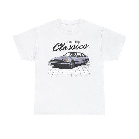 Toyota Celica MK3 Classic T-Shirt – white cotton shirt featuring third-generation A60 Celica (1981–1985) with pop-up headlights and angular design, designed for vintage JDM car enthusiasts
