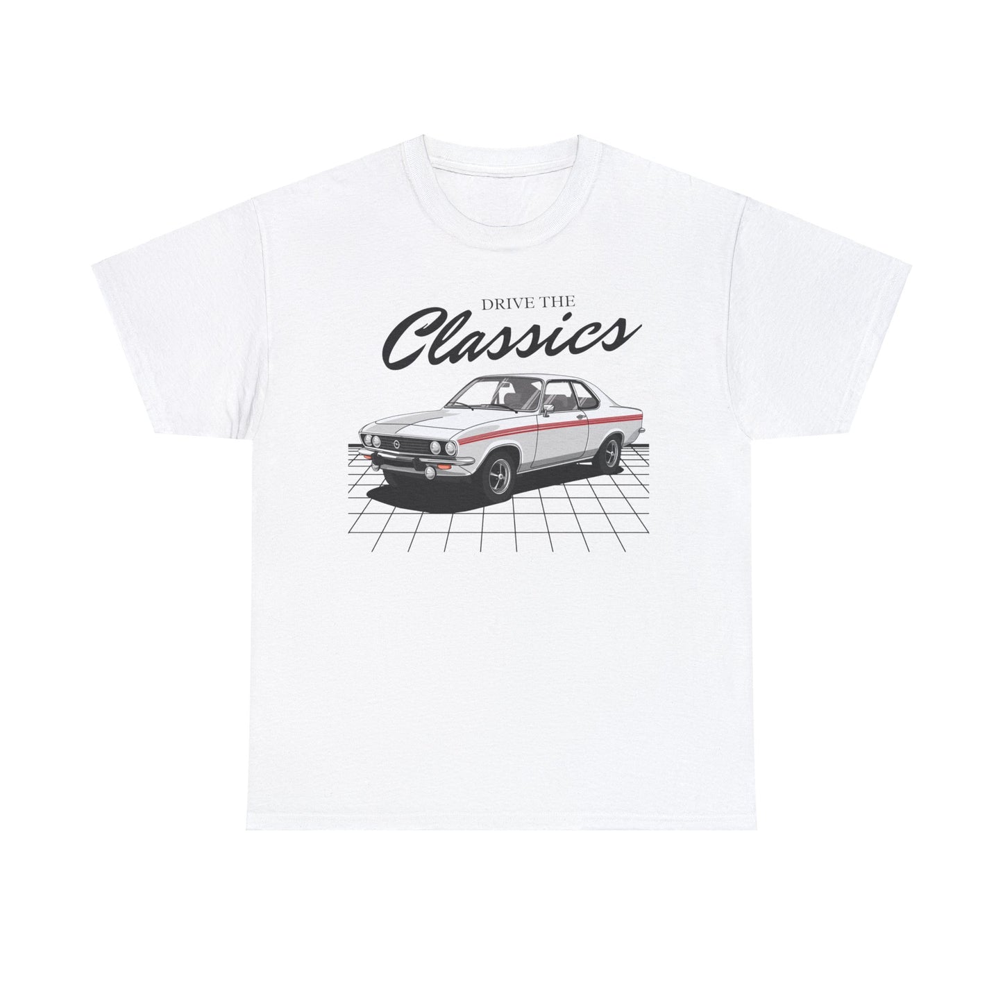 Opel Manta A Classic T-Shirt – white cotton shirt featuring first-generation Opel Manta A (1970–1975) with distinctive coupe design and round tail lights, designed for vintage German sports car enthusiasts
