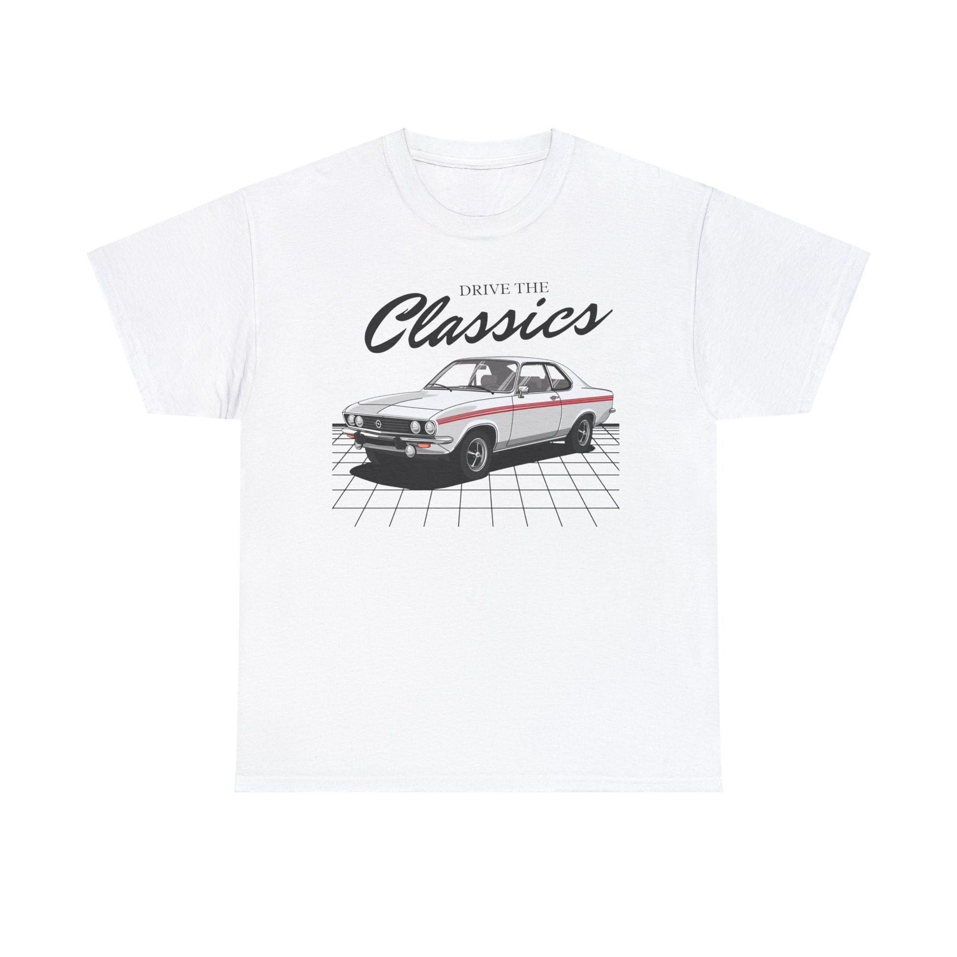 Opel Manta A Classic T-Shirt – white cotton shirt featuring first-generation Opel Manta A (1970–1975) with distinctive coupe design and round tail lights, designed for vintage German sports car enthusiasts
