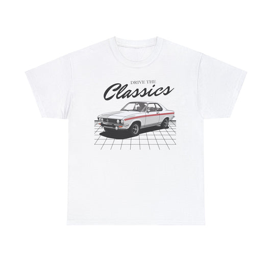 Opel Manta A Classic T-Shirt – white cotton shirt featuring first-generation Opel Manta A (1970–1975) with distinctive coupe design and round tail lights, designed for vintage German sports car enthusiasts
