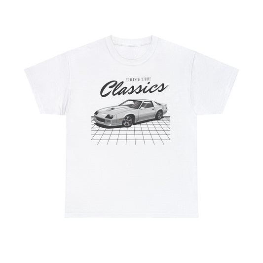 Chevrolet Camaro Z28 Classic T-Shirt – white cotton shirt featuring the Chevrolet Camaro Z28 (1967–2002) with distinctive design and performance features, designed for American muscle car enthusiasts

