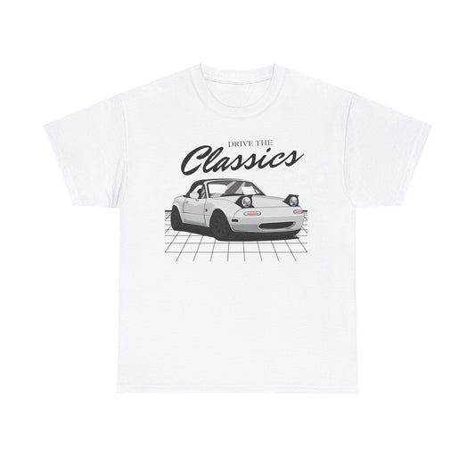 Mazda MX-5 NA Miata Classic T-Shirt – white cotton shirt featuring the Mazda MX-5 NA Miata (1989–1997) with pop-up headlights and sleek roadster design, designed for Japanese sports car enthusiasts
