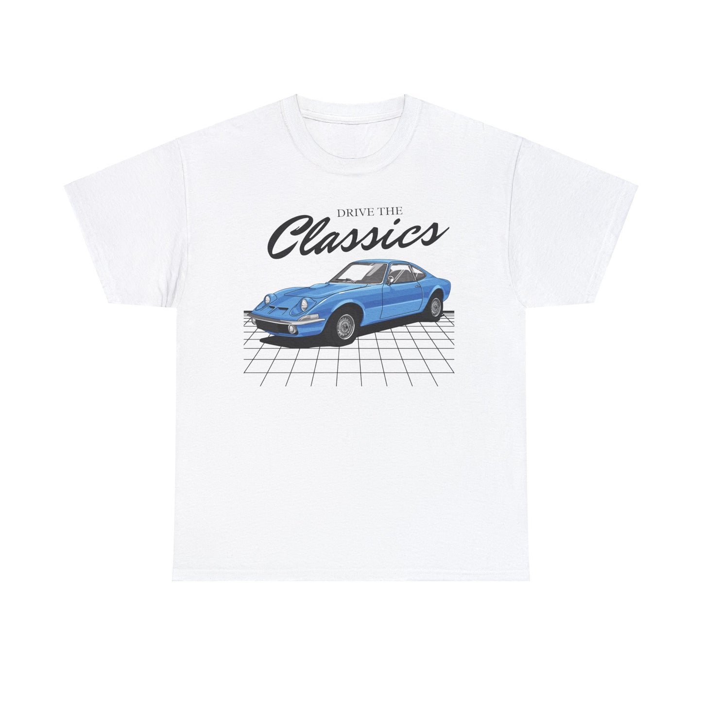 Opel GT Classic T-Shirt – white cotton shirt featuring the original Opel GT (1968–1973) with distinctive fastback design and pop-up headlights, designed for vintage German sports car enthusiasts
