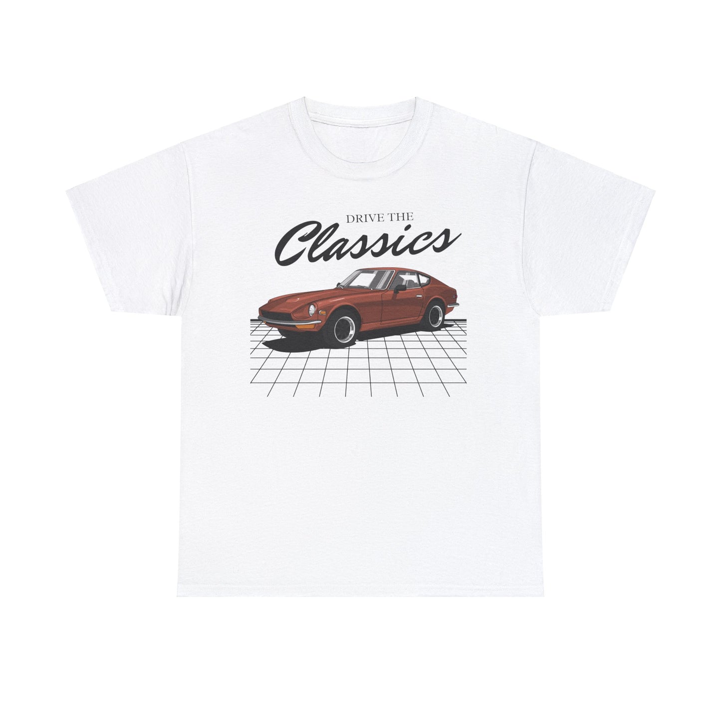 Datsun 240Z Classic T-Shirt – white cotton shirt featuring the Datsun 240Z (1969–1973) with distinctive design and performance features, designed for Japanese automotive enthusiasts
