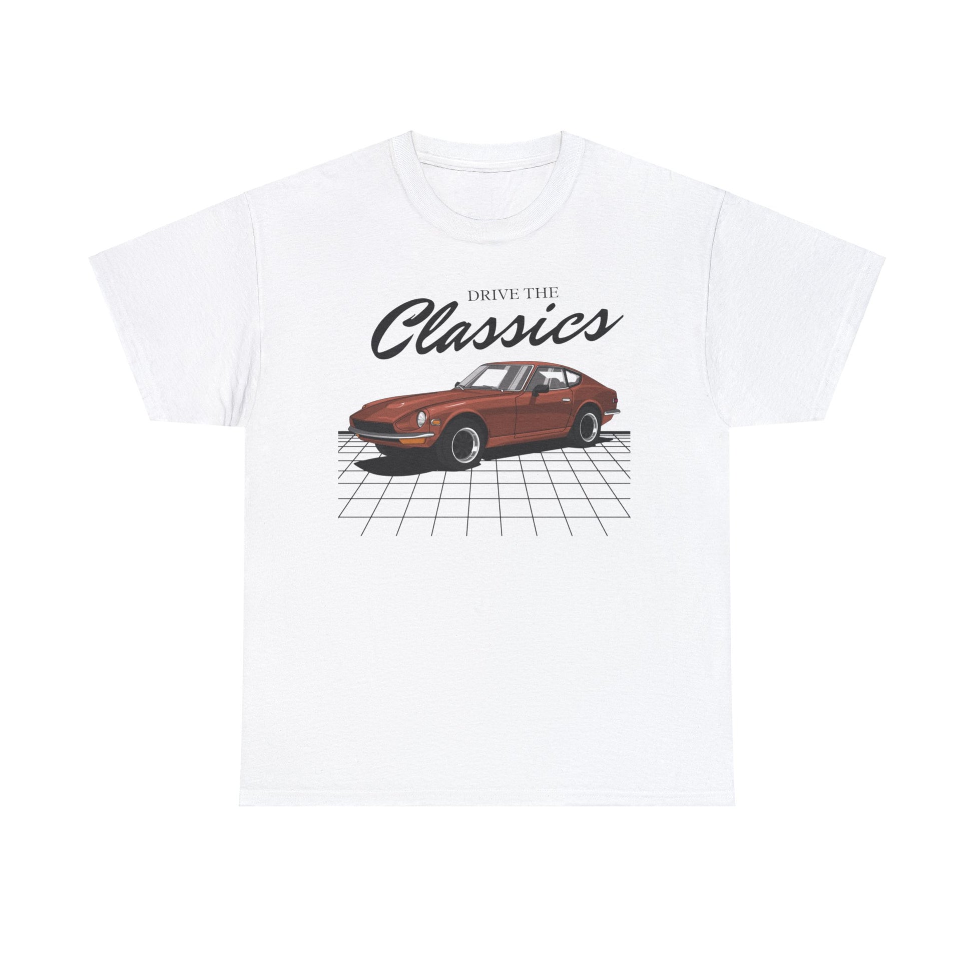 Datsun 240Z Classic T-Shirt – white cotton shirt featuring the Datsun 240Z (1969–1973) with distinctive design and performance features, designed for Japanese automotive enthusiasts
