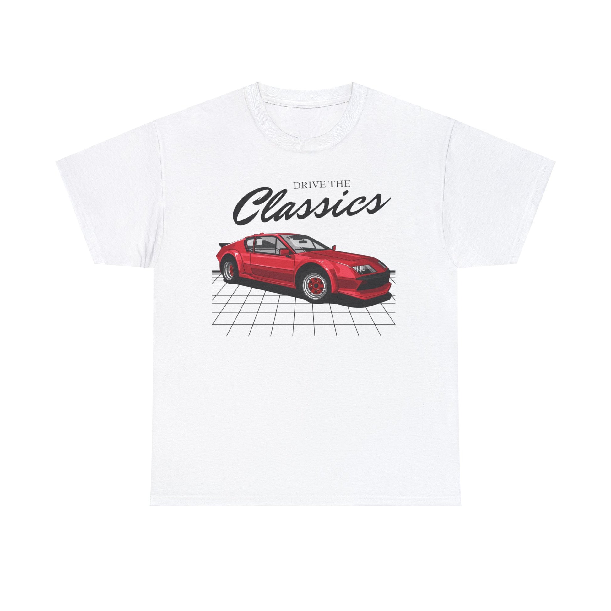 Renault Alpine A310 Classic T-Shirt – white cotton shirt featuring wedge-shaped A310 coupe (1971–1985) with rear-mounted engine and flared arches, designed for vintage French rally car enthusiasts
