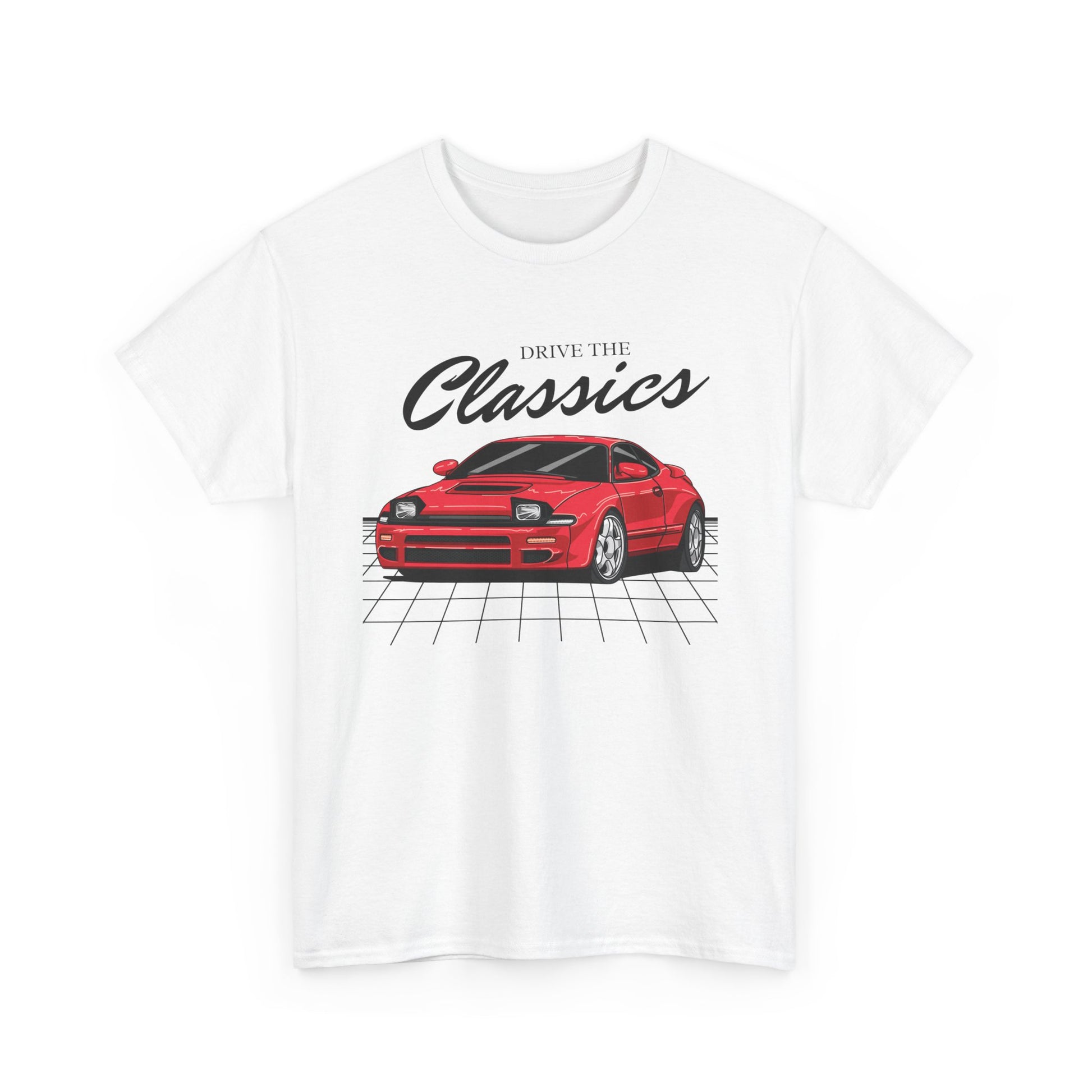 Toyota Celica MK5 T18 Classic T-Shirt – white cotton shirt featuring the Toyota Celica MK5 T18 (1989–1993) with distinctive design and performance features, designed for Japanese automotive enthusiasts
