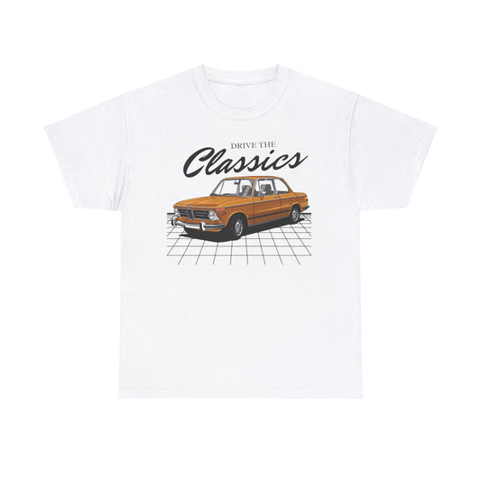 BMW 2002 Classic T-Shirt – white cotton shirt featuring the BMW 2002 (1968–1976) with distinctive design and performance features, designed for German automotive enthusiasts
