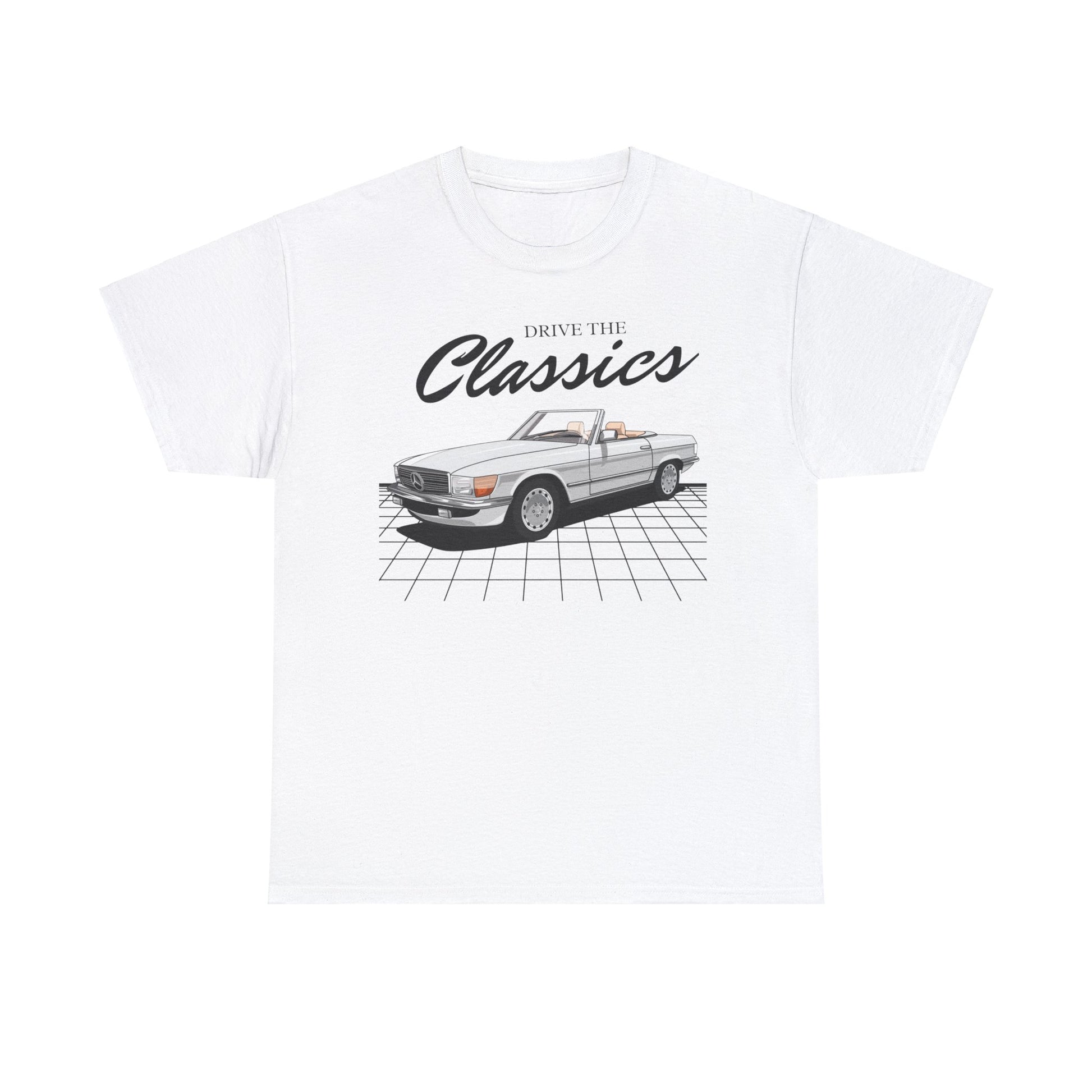 Mercedes-Benz 300SL R107 Classic T-Shirt – white cotton shirt featuring the Mercedes-Benz 300SL R107 (1985–1989) with distinctive design and performance features, designed for German automotive enthusiasts
