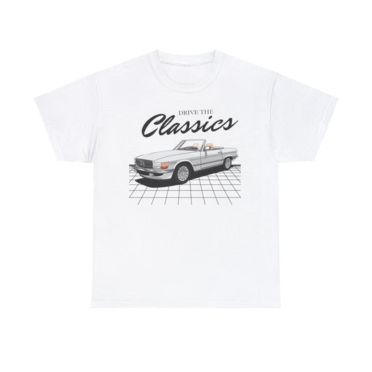 Mercedes-Benz 300SL R107 Classic T-Shirt – white cotton shirt featuring the Mercedes-Benz 300SL R107 (1985–1989) with distinctive design and performance features, designed for German automotive enthusiasts
