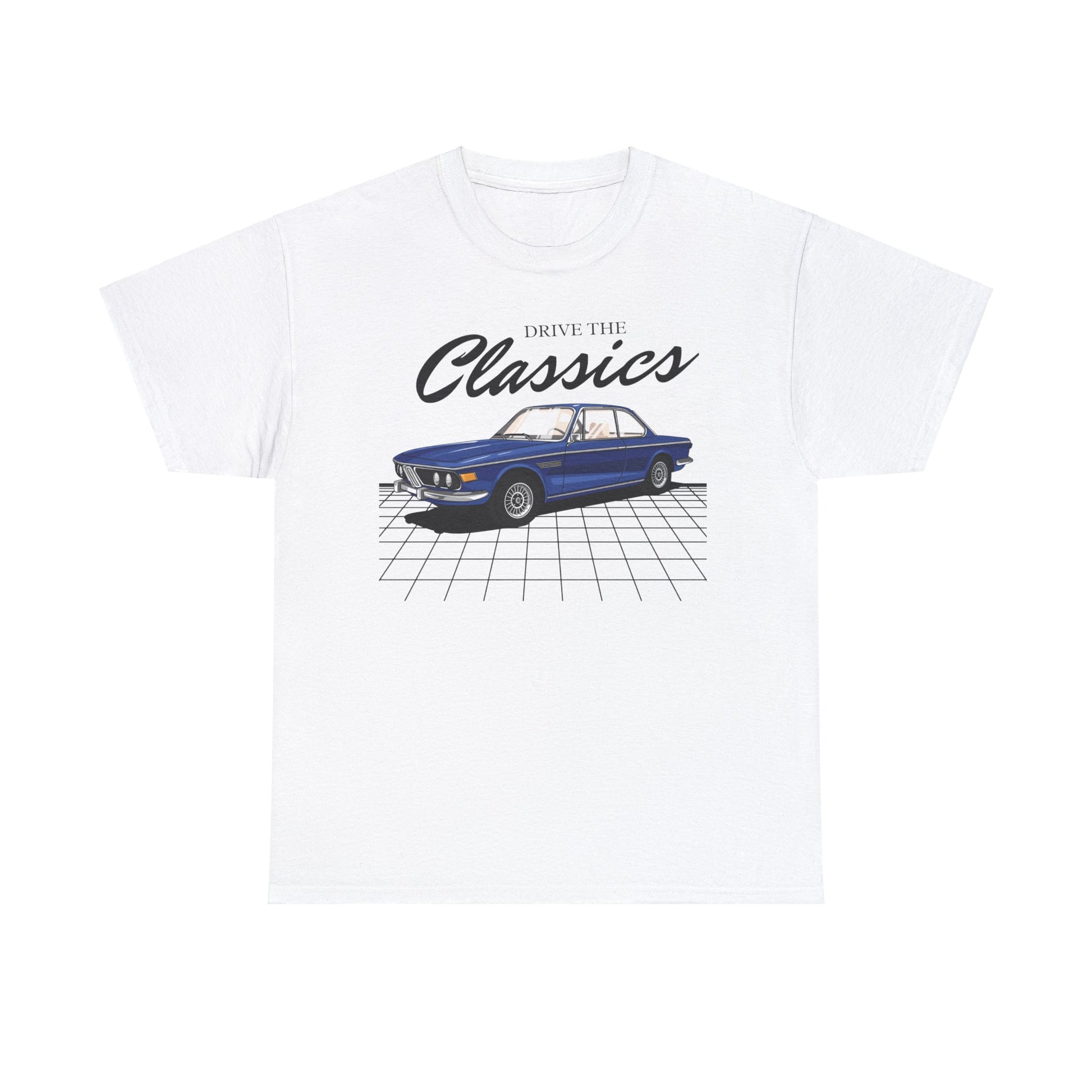BMW E9 Classic T-Shirt – white cotton shirt featuring the BMW E9 (1968–1975) with distinctive design and performance features, designed for German automotive enthusiasts
