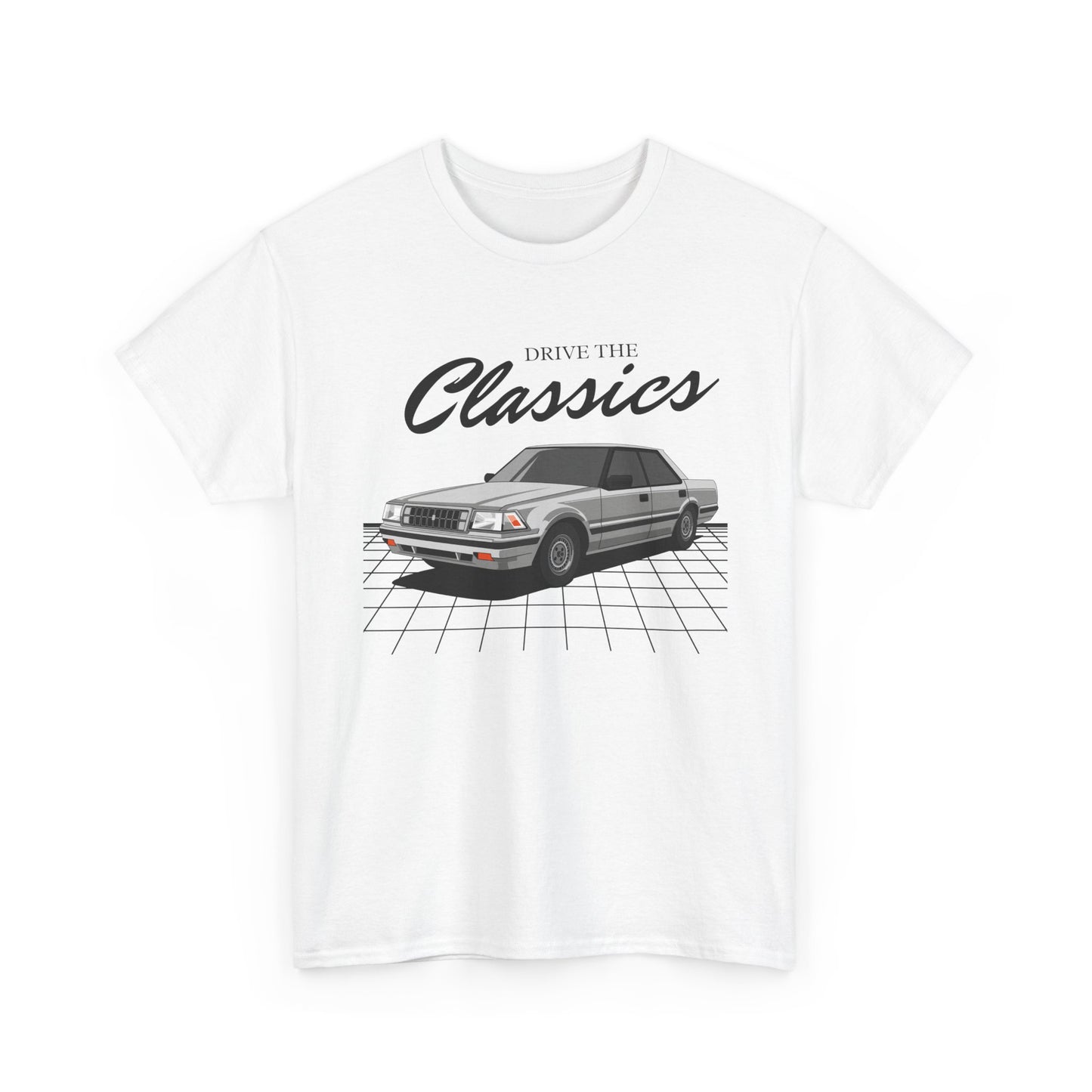 The seventh-gen Toyota Crown (S120, 1983–1987) combined 1980s executive style with rear-wheel drive and digital dash luxury. This T-shirt revives the golden era of Japanese flagship sedans.