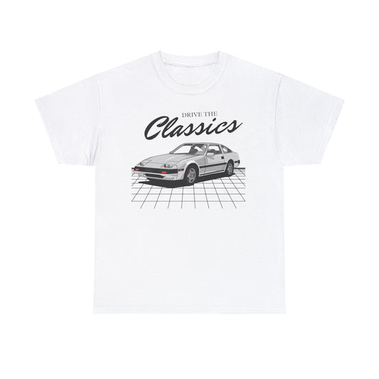 Nissan 300ZX Z31 Classic T-Shirt – white cotton shirt featuring the Nissan 300ZX Z31 (1984–1989) with distinctive wedge-shaped design and pop-up headlights, designed for Japanese sports car enthusiasts
