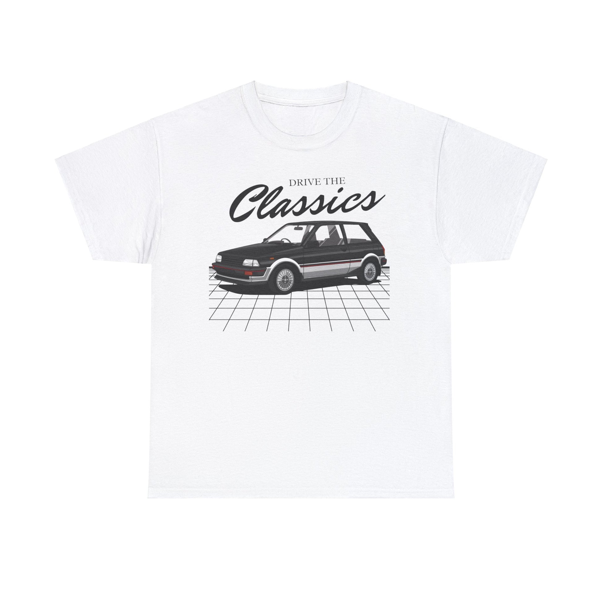 Toyota Starlet MK2 Classic T-Shirt featuring P60 series hatchback graphic – white cotton shirt for vintage JDM enthusiasts
