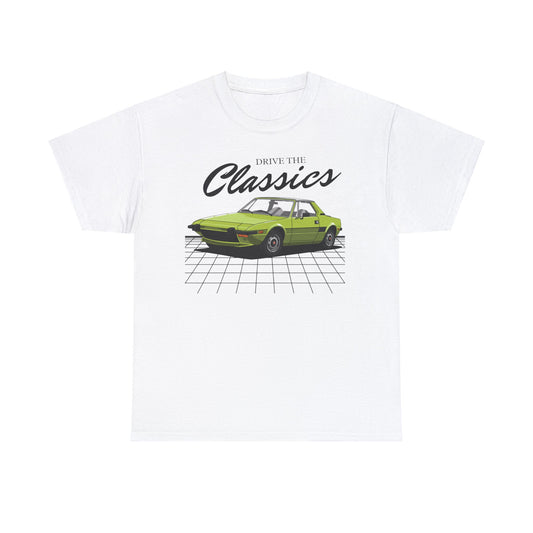 Fiat X1/9 Classic T-Shirt – white cotton shirt featuring the Fiat X1/9 (1972–1989) with distinctive wedge-shaped design and mid-engine layout, designed for Italian sports car enthusiasts
