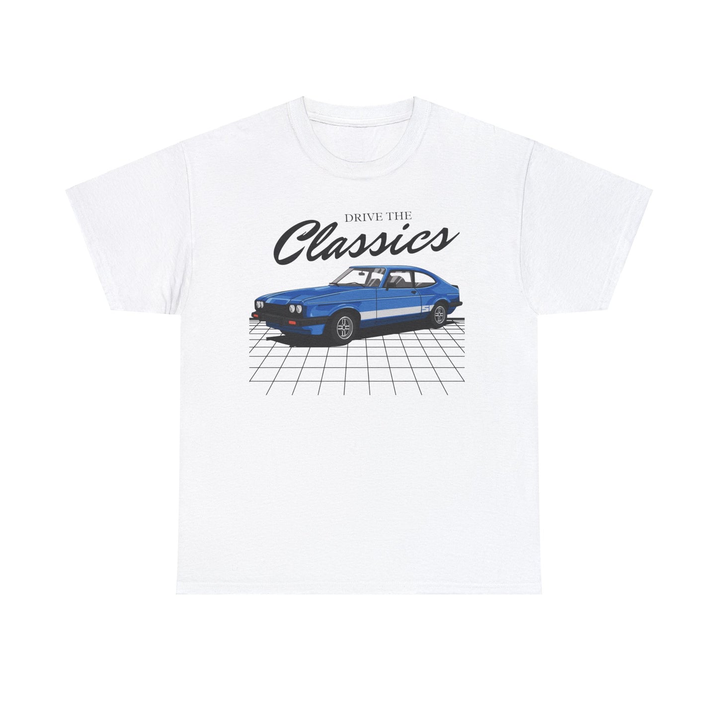 Ford Capri Mk3 Classic T-Shirt – white cotton shirt featuring the third-generation Ford Capri Mk3 (1978–1986) with signature fastback styling and quad headlights, designed for European classic car enthusiasts
