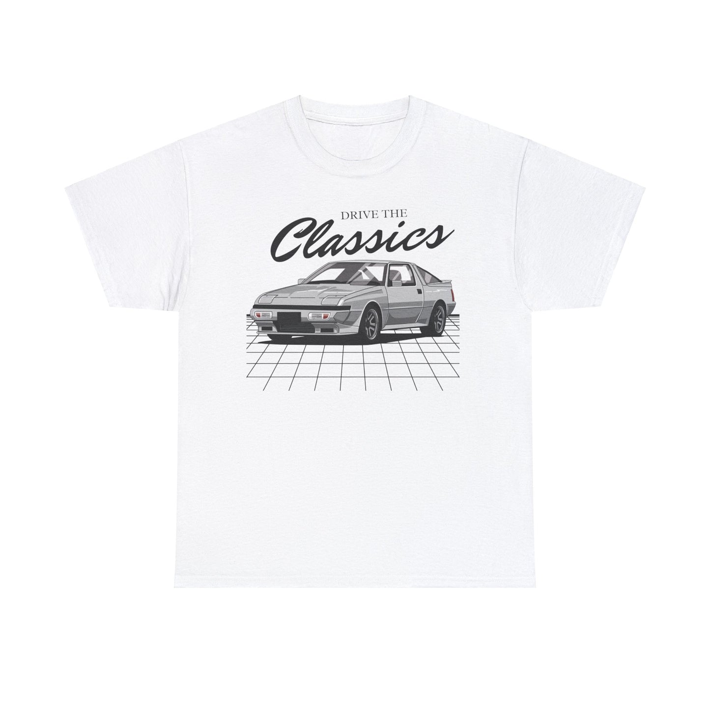 Mitsubishi Starion Classic T-Shirt – white cotton shirt featuring the Mitsubishi Starion (1982–1989) with distinctive wedge-shaped design and pop-up headlights, designed for Japanese sports car enthusiasts
