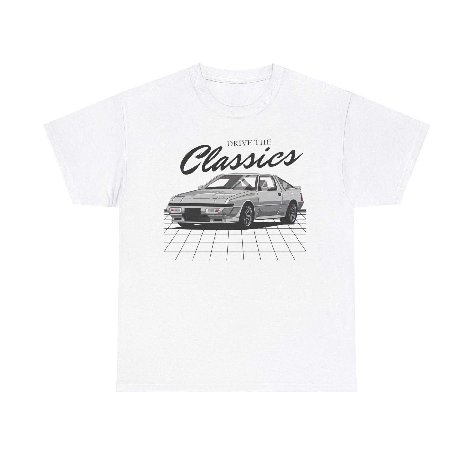 Mitsubishi Starion Classic T-Shirt – white cotton shirt featuring the Mitsubishi Starion (1982–1989) with distinctive wedge-shaped design and pop-up headlights, designed for Japanese sports car enthusiasts
