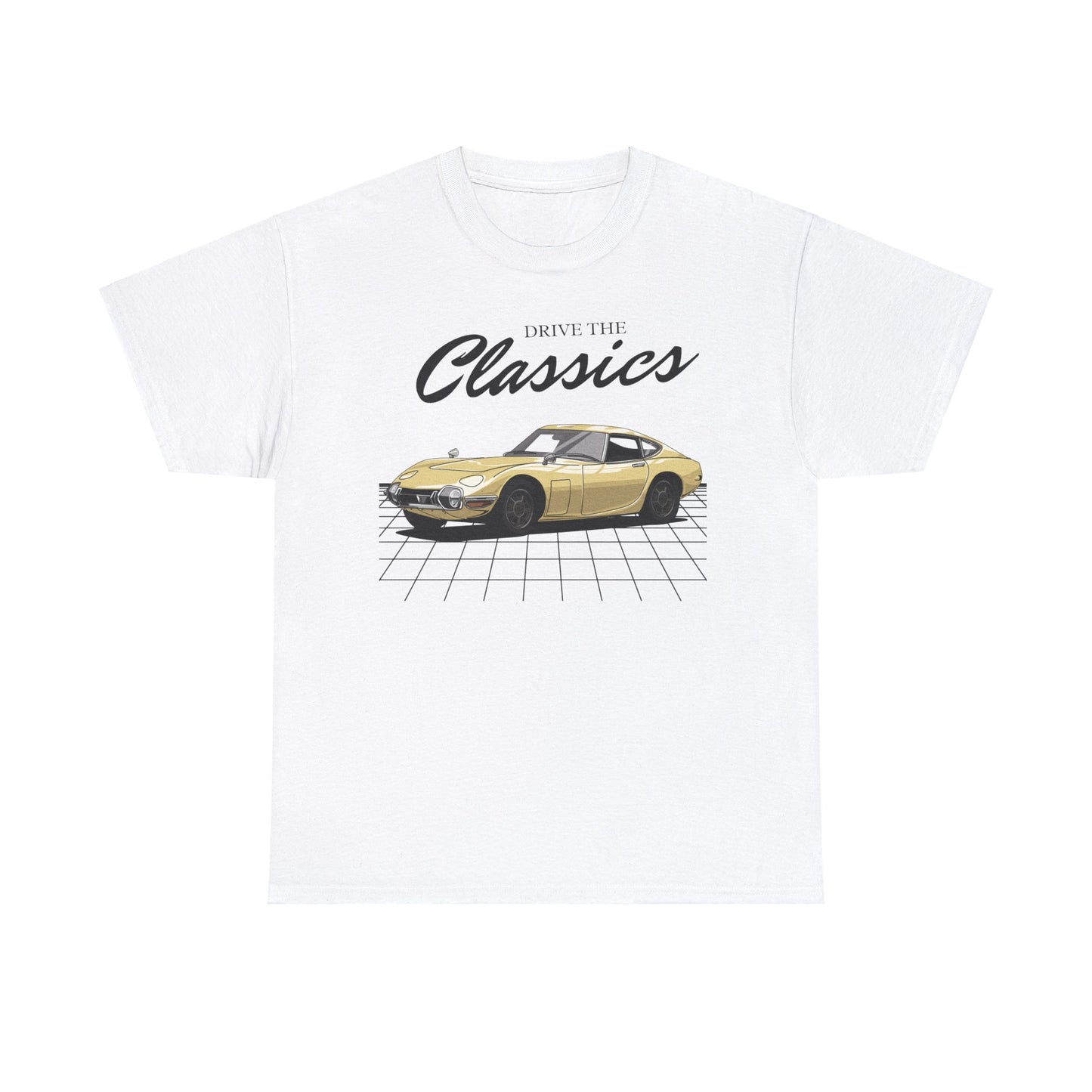 Toyota 2000GT Classic T-Shirt – white cotton shirt featuring first-generation MF10 2000GT (1967–1970) with sleek fastback design and pop-up headlights, designed for vintage JDM car enthusiasts
