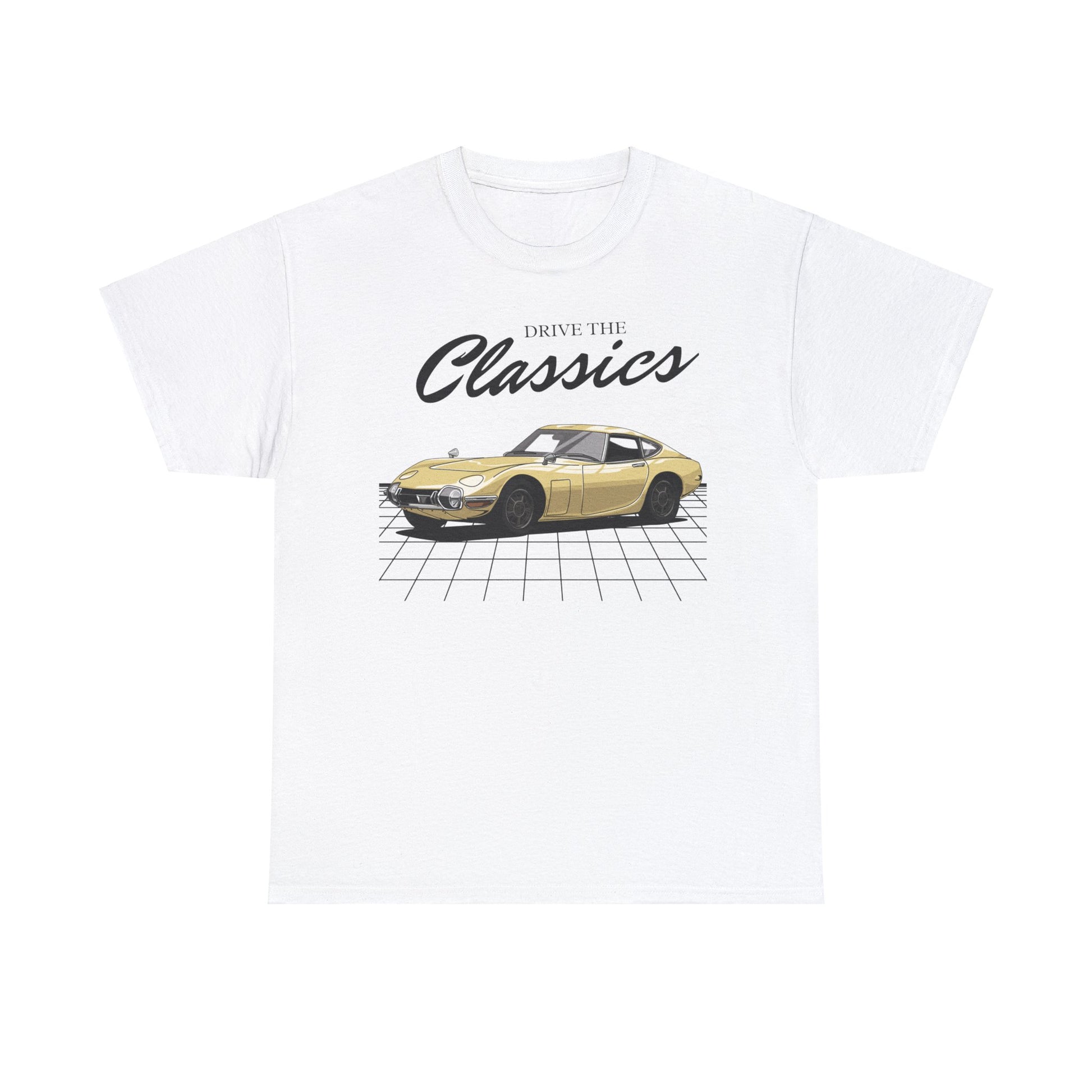 Toyota 2000GT Classic T-Shirt – white cotton shirt featuring first-generation MF10 2000GT (1967–1970) with sleek fastback design and pop-up headlights, designed for vintage JDM car enthusiasts
