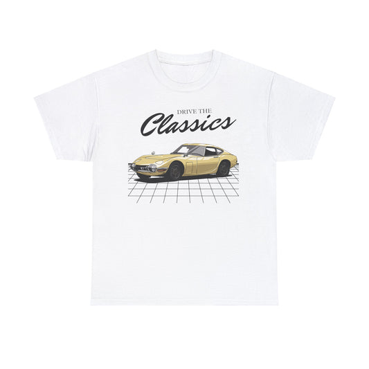 Toyota 2000GT Classic T-Shirt – white cotton shirt featuring first-generation MF10 2000GT (1967–1970) with sleek fastback design and pop-up headlights, designed for vintage JDM car enthusiasts
