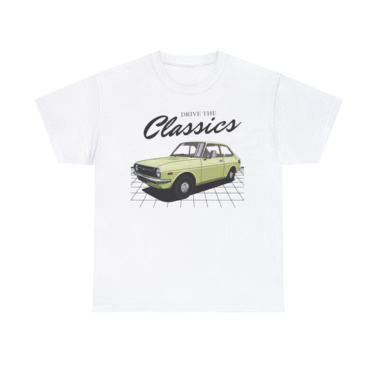Toyota 1000 Classic T-Shirt – white cotton shirt featuring KP30 series Toyota 1000 (1970–1978) with compact sedan design and chrome accents, designed for vintage JDM car enthusiasts
