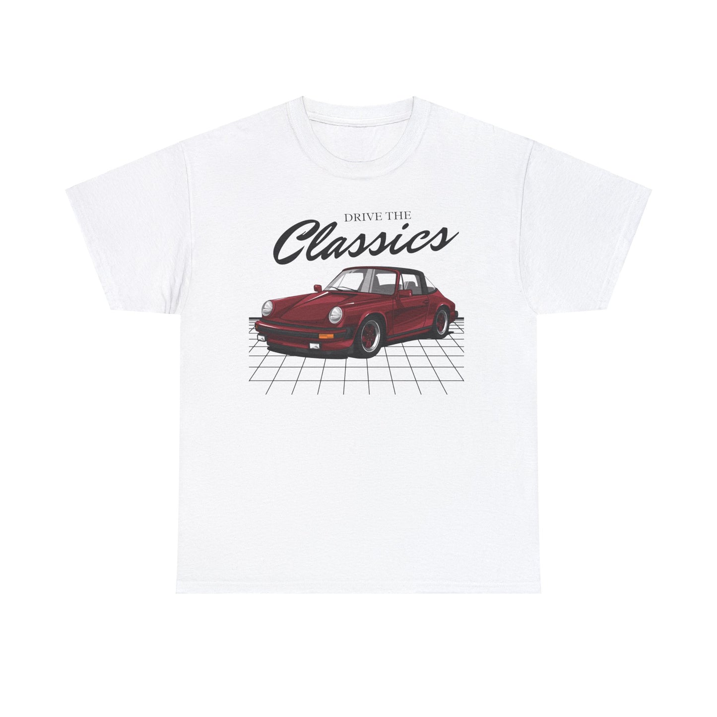 Porsche 911 Classic T-Shirt – white cotton shirt featuring air-cooled Porsche 911 coupe (1964–1989) with iconic rear-engine shape and F/G-body styling, designed for vintage German sports car enthusiasts
