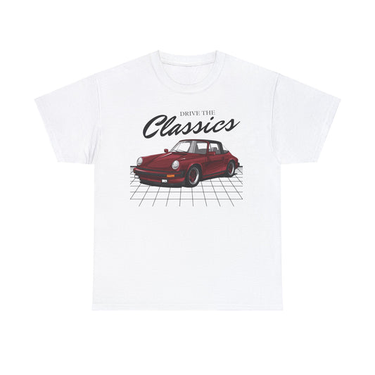 Porsche 911 Classic T-Shirt – white cotton shirt featuring air-cooled Porsche 911 coupe (1964–1989) with iconic rear-engine shape and F/G-body styling, designed for vintage German sports car enthusiasts

