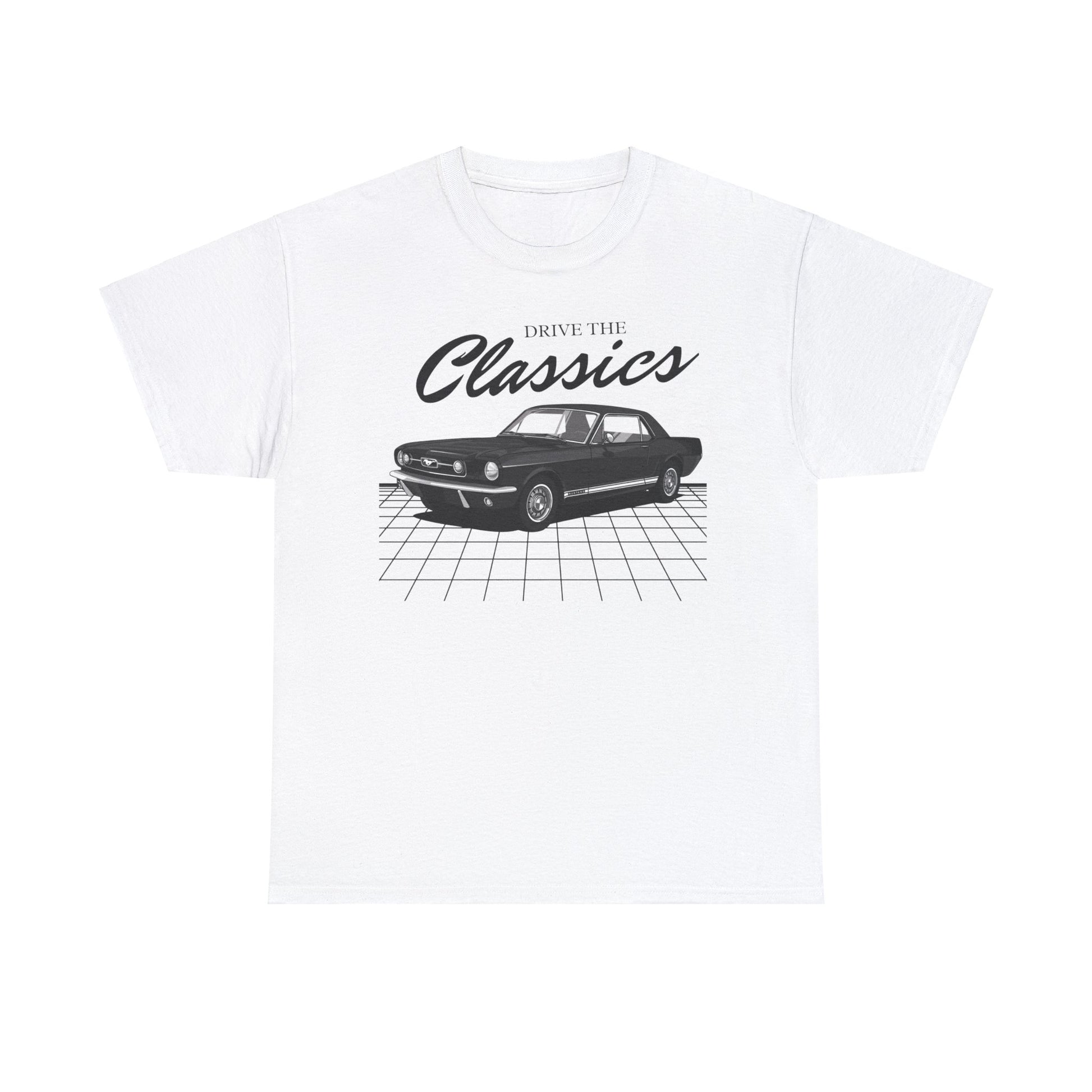 Ford Mustang Mk1 Classic T-Shirt – white cotton shirt featuring the Ford Mustang Mk1 (1964–1973) with distinctive design and performance features, designed for American muscle car enthusiasts
