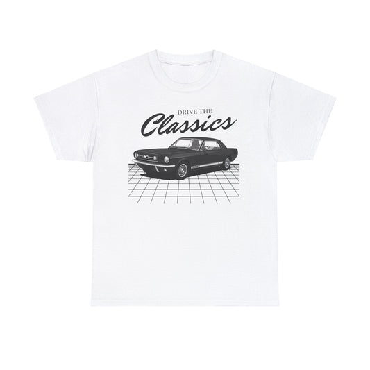 Ford Mustang Mk1 Classic T-Shirt – white cotton shirt featuring the Ford Mustang Mk1 (1964–1973) with distinctive design and performance features, designed for American muscle car enthusiasts
