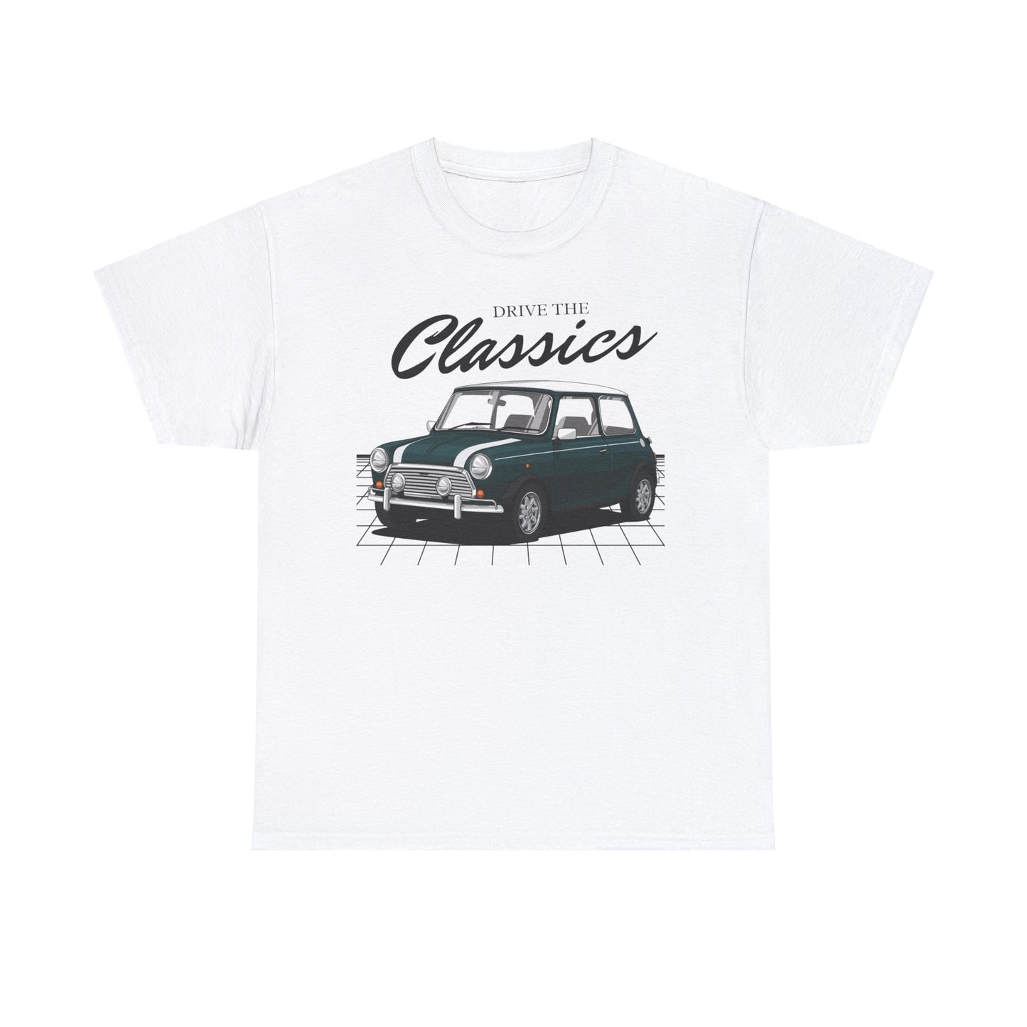 Mini Cooper Classic T-Shirt – white cotton shirt featuring the Mini Cooper (1961–2000) with distinctive compact design and racing heritage, designed for British automotive enthusiasts

