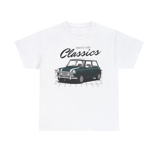 Mini Cooper Classic T-Shirt – white cotton shirt featuring the Mini Cooper (1961–2000) with distinctive compact design and racing heritage, designed for British automotive enthusiasts
