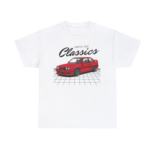 BMW E30 M3 Classic T-Shirt – white cotton shirt featuring the BMW E30 M3 (1986–1991) with distinctive design and performance features, designed for German automotive enthusiasts
